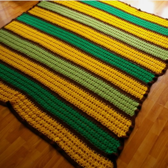 Striped Crochet Afghan Blanket Throw Green Yellow - Picture 6 of 6